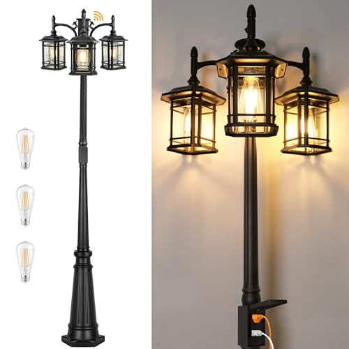 Partphoner Dusk To Dawn Outdoor Lamp Post Lights Black Light Pole With Clear Glass Panels (3 Led Bulbs Included) 3-Head Hardwired Waterproof Outside Street Lights For Backyard Garden Driveway
