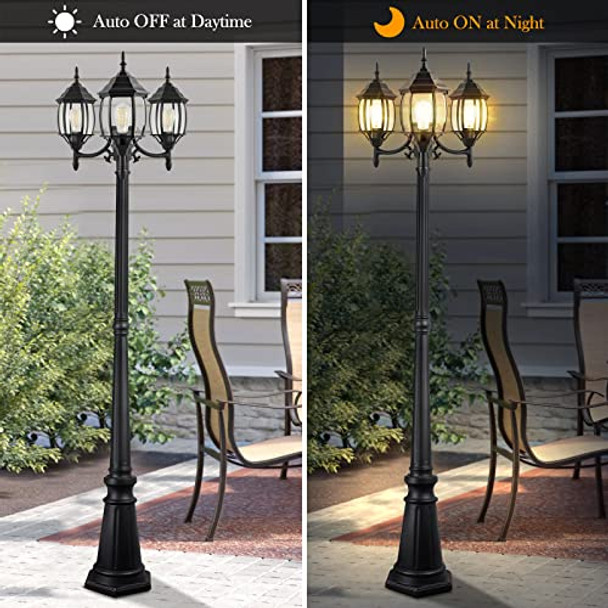 Partphoner Outdoor Lamp Post Light 3-Head Classic Black With Clear Glass Panels E26 Base Maximum 100W (3 Led Bulbs Included) Waterproof Street Light For Backyard Garden Driveway