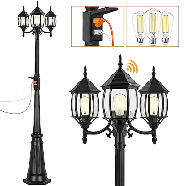 Partphoner Outdoor Lamp Post Light With Gfci Outlet 3-Head Classic Black Light Pole With Glass Panels (3 Led Bulbs Included) Aluminum Waterproof Outside Street Light For Backyard Garden Driveway