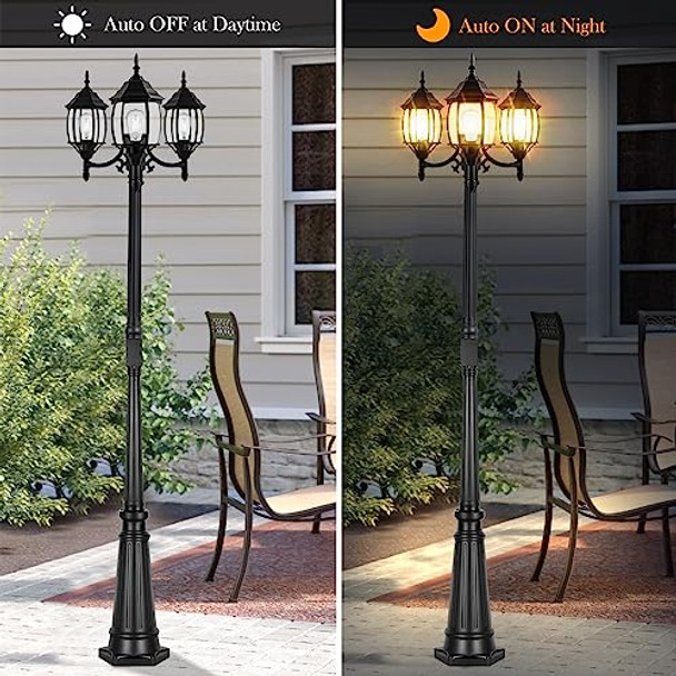 Partphoner Outdoor Lamp Post Light With Gfci Outlet 3-Head Classic Black Light Pole With Glass Panels (3 Led Bulbs Included) Aluminum Waterproof Outside Street Light For Backyard Garden Driveway