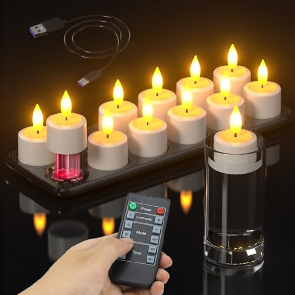 Pchero Flameless Candles With Remote Timer & Magnetic Charging Base 12 Pack Waterproof Rechargeable Led Tea Lights Fake Floating Candles For Pool Outdoor Lantern Wedding Centerpieces Christmas Decor