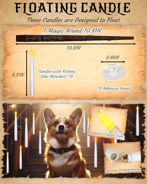 Pmgro Halloween Decor Floating Candles With Wand 20Pcs Magic Hanging Candles With Remote 6.3In Flameless Taper Led Candle Battery Operated Floating Window Candle Decor For Christmas Wedding Halloween
