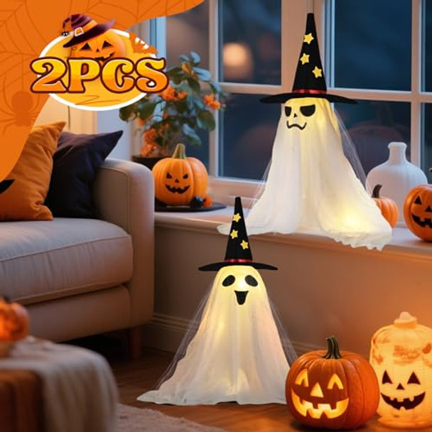 Polly Wales Light-Up Ghost Kit Halloween Decorations Indoor 2 Packs Spooky Ghosts With Witch Hats Remote String Lights Battery Operated Halloween Decor For Mantel Shelf & Tabletop Decor