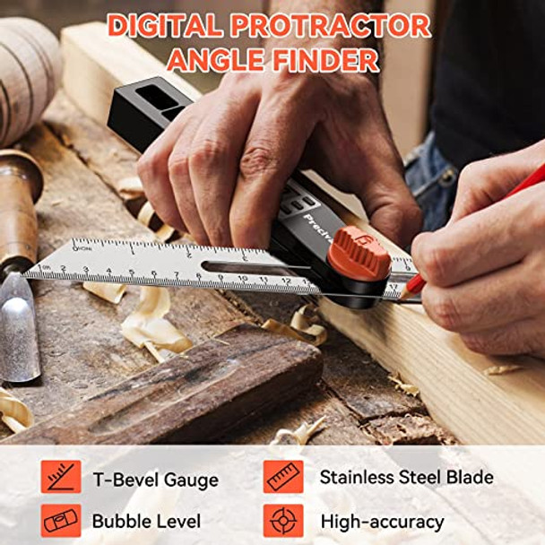 Preciva T-Bevel Gauge & Protractor With Horizontal And Vertical Bubble0-338° Digital Angle Finder Protractor 230Mm/8Inch Display For Carpentry Woodworking Metalworking Construction