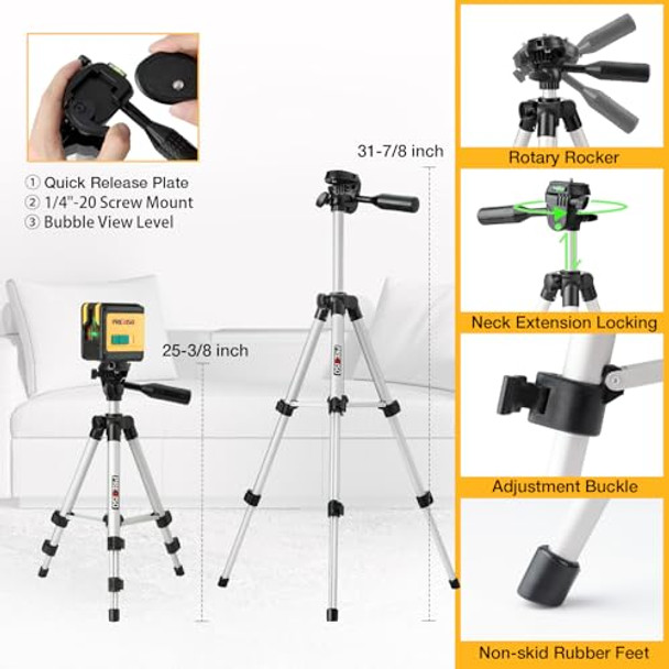 Prexiso Laser Level With Tripod 100Ft Dual Modules Self Leveling Cross Line Laser Level Green Line Leveler Tool For Floor Tile Home Renovation Construction With 31-1/2In Tripod 2 Aa Batteries