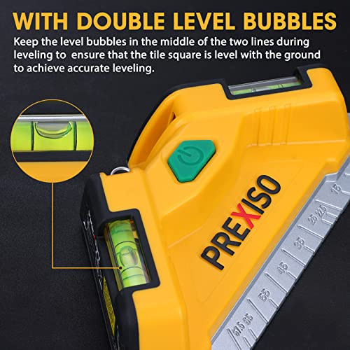 Prexiso Square Laser-65Ft Green Beam Floor Tile Laser Level Tile Laser Line Projection Angle 90 Degree Aluminum Base Magnetic Level Square Built-In 2 Bubble Vials-With 3 Mounting Pins 3Aa Batteries