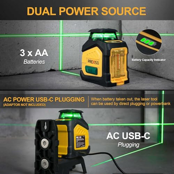 Prexiso 360° Laser Level With Tripod 100Ft Dual Power Self Leveling Cross Line Laser- Wide Angle Vertical Line For Construction Floor Tile Renovation With Magnetic Base Wall Panel Stand Carry Bag