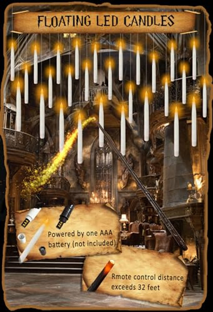 Qaeshi Floating Candles With Wand 18Pcs Hanging Candles Halloween Warm Led Flickering Flameless Taper Candle With Remote 6.7In Battery Operated Magic Candle For Home Party Halloween Decorations
