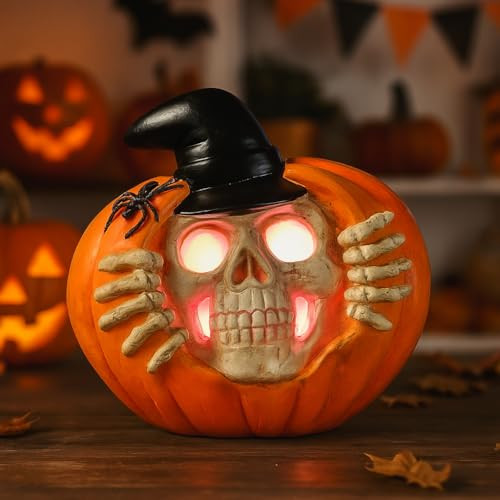 Qoyntuer Skeleton Halloween Indoor Decoration Light Up Pumpkin With Witch Hat Skeleton & Spider 4.7 Inch Resin Spooky Skull With Hat In Pumpkin For Home Party Office Fireplace Table Decor
