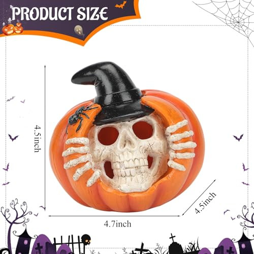 Qoyntuer Skeleton Halloween Indoor Decoration Light Up Pumpkin With Witch Hat Skeleton & Spider 4.7 Inch Resin Spooky Skull With Hat In Pumpkin For Home Party Office Fireplace Table Decor