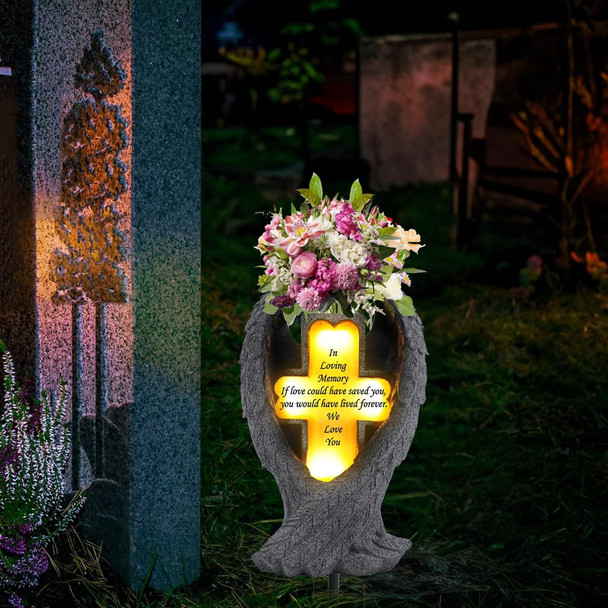 Qzwhlsm Angel Wings And Cross Solar Light Cemeterydecorations Cemetery Decorationsgarden Solar Vase Decorations For Lost Lovers Ones (White)
