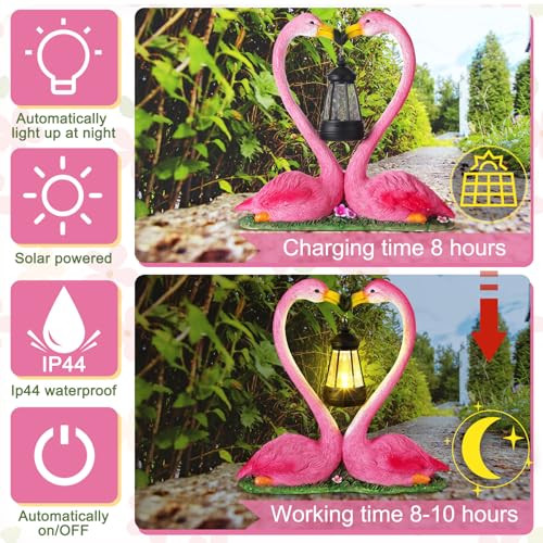 Reallnaive Solar Kissing Flamingo Garden Decor Statue Heart Decor With Led Outdoor Decoration Figurines For Home Balcony Garden Patio Porch Yard Lawn Birthday  For Couple Lovers Anniversary