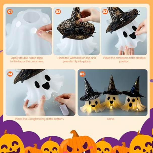 Retisee 3 Set Light Up Halloween Ghost Decorations Indoor Diy Acrylic Spooky Ghost Kits With Led String Light Witch Hats And Stickers For Halloween Home Mantel Shelf Tabletop Decor