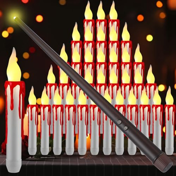 Retisee 36 Pcs Halloween Decorations Halloween Floating Candles Flameless Hanging Candles With Wand Remote Battery Operated Led Taper Window Candles Flickering Light For Halloween(White Red)