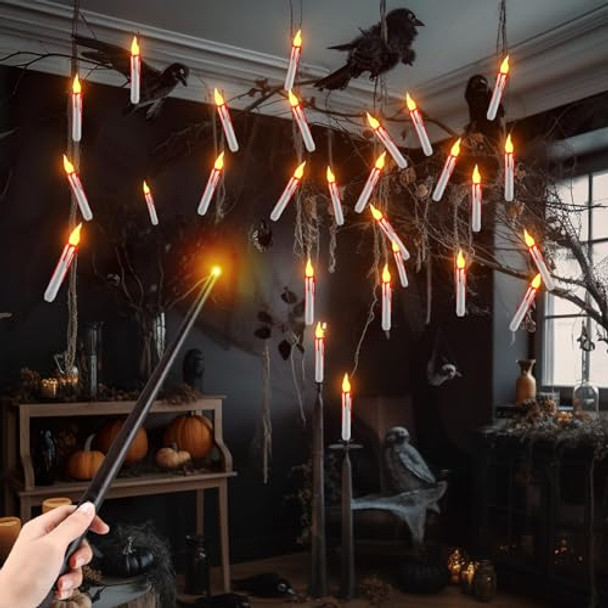 Retisee 36 Pcs Halloween Decorations Halloween Floating Candles Flameless Hanging Candles With Wand Remote Battery Operated Led Taper Window Candles Flickering Light For Halloween(White Red)
