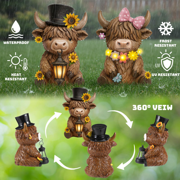 Retisee 2 Pcs Solar Highland Cow Garden Statues Resin Garden Highland Cow Statues With Flower Led Lights Outdoor Funny Solar Light Figurines Decoration For Yard Patio Lawn S For Grandma Mom Women