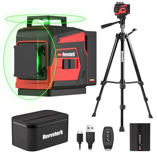 Revvstark Laser Level With Tripod 2X360° Green Line Laser Tool With Self-Leveling & Manuel Models Remote/Touch Control Rechargeable Battery For Picture Hanging Tile Home Renovation (Bag Included)
