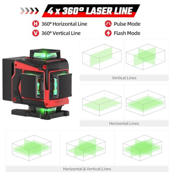 Revvstark Laser Level With Tripod 4X360° Green Line Laser Tool With Self-Leveling & Manuel Models Remote/Touch Control Rechargeable Battery For Picture Hanging Tile Home Renovation (Bag Included)