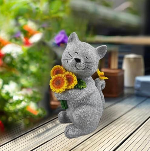 Rinluvs Garden Cat Statue Gray Stone-Textured Resin Solar Powered Outdoor Decor With Sunflowers Modern Style Decorative Light Standing Patio Figurine