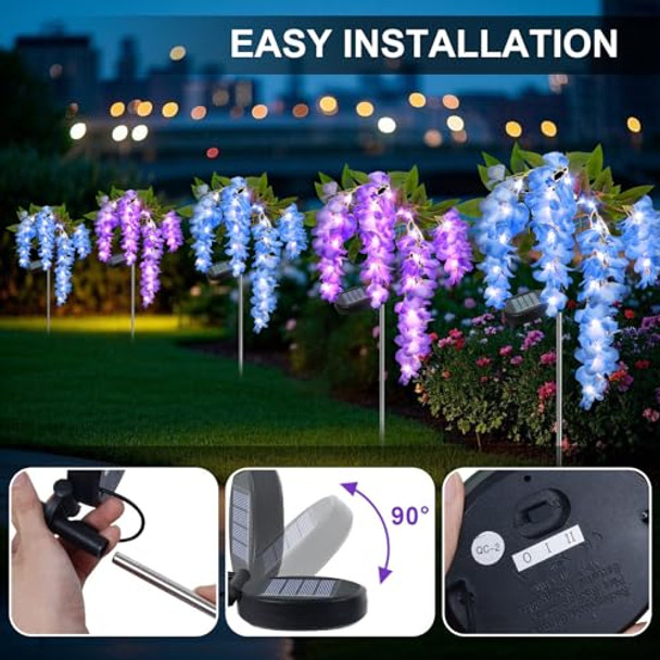 Rirool 2 Pack Solar Wisteria Flower Lights Waterproof Solar Lights Outdoor For Garden Patio Yard Decoration Blue And Purple