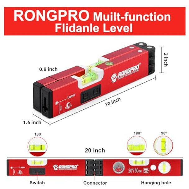 Rongpro 20Inch Foldable Magnetic Level-With 30Ft Laser Leveling Line And 90°/180°Bubblesmulti-Function Leveler Tool For Woodworkingpicture Hanginghome Renovation And Construction