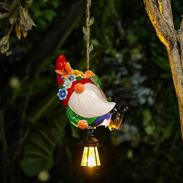 Rossesay Solar Hanging Gnome Statue 6.3" H Climbing Gnomes With Led Lantern Hook Waterproof Hanging Gnomes Outdoor Decor Tree Yard Porch Wall Decoration Summer Gardening  For Mom