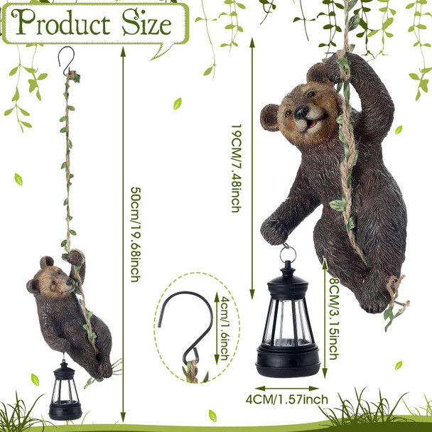 Rossesay 7 Inches Bear Statue Tree Hugger With Solar Light Resin Bear Statue Sign With Led Lantern Waterproof Hanging Figurine With Hook For Tree Decoration Outdoor Yard Garden (Black)