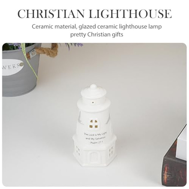 Rosycoud White Ceramic Lighthouse With Bible Verses - Psalm 27:1 Christian Light House Decor Statue Lamp Faith Based Baptism Encouragement Spiritual Religious S For Women