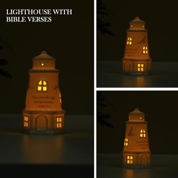 Rosycoud White Ceramic Lighthouse With Bible Verses - Psalm 27:1 Christian Light House Decor Statue Lamp Faith Based Baptism Encouragement Spiritual Religious S For Women