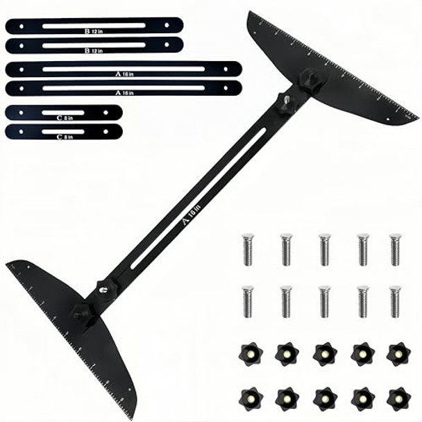 Rqg Aluminum Stair Tread Template Tool Stair Tread Gauge And Shelf Layout Tool Set Stair Tread Measuring Jig Tool With 11.4”- 60.7” Adjustable Length 360° Rotatable (Black)