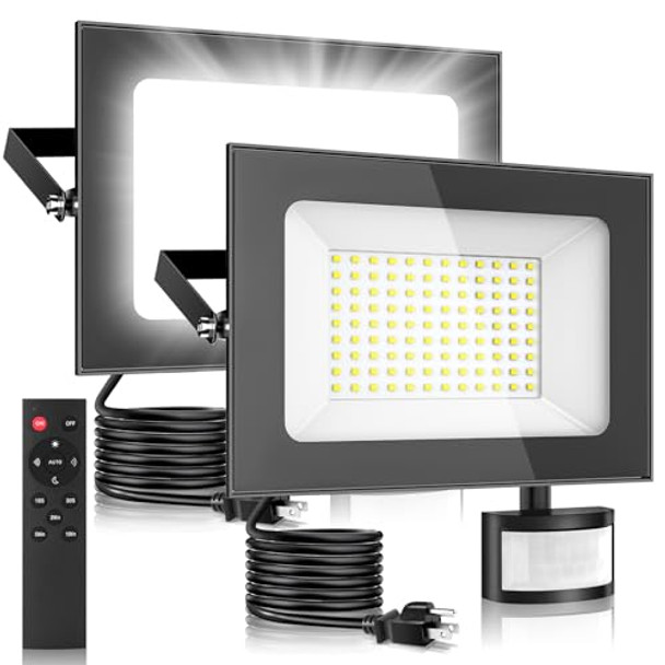 Sararoom Sararoom 2Pack Led Flood Lights Outdoor 100W 10000Lm Super Bright Floodlight Outside 6500K Work Light With Motion Sensor Ip65 Waterproof Plug In Security Floodlights For Garage Yard Lawn Garden