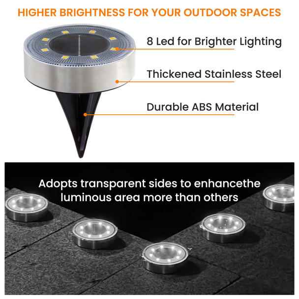Siatom Lighting Siatom Stainless Steel Solar Ground Lights 8 Pack Ip68 Waterproof Solar In-Ground Light For Outdoor Flat Landscape Lighting Garden Disc Light For Pathway Walkway And Yard - 8 Pcs (Cold White)
