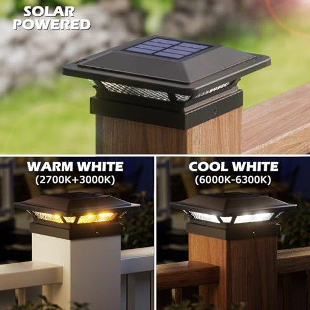 Siedinlar 4X4 Solar Post Cap Lights 16 Leds 2 Modes 3.5X3.5 4X4 Wooden Vinyl Post Light Waterproof Outdoor For Deck Fence Patio Garden Decor Warm/Cool White (6 Pack Black)