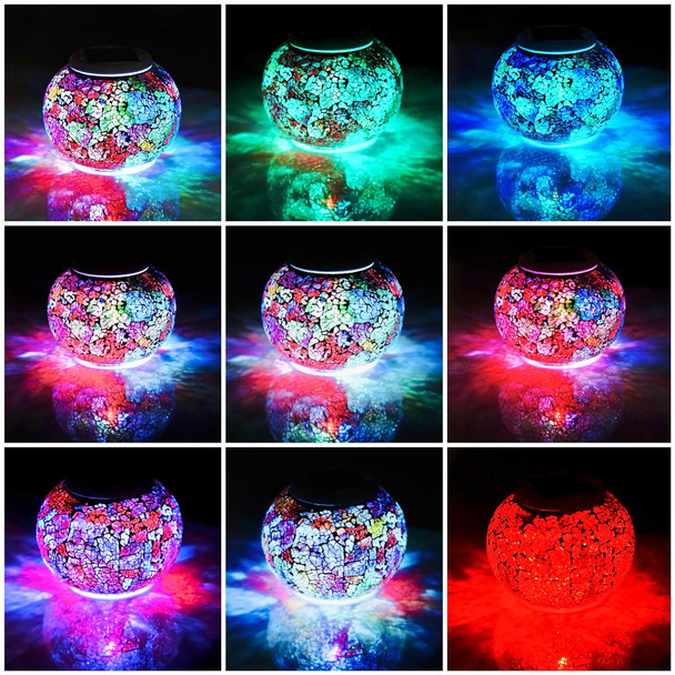 Smilingtown Solar Powered Color Changing Mosaic Crackle Glass Table Lamp - Waterproof Led Night Light For Bedroom Yard Patio Halloween Christmas Decorations (Crackle Glass White)