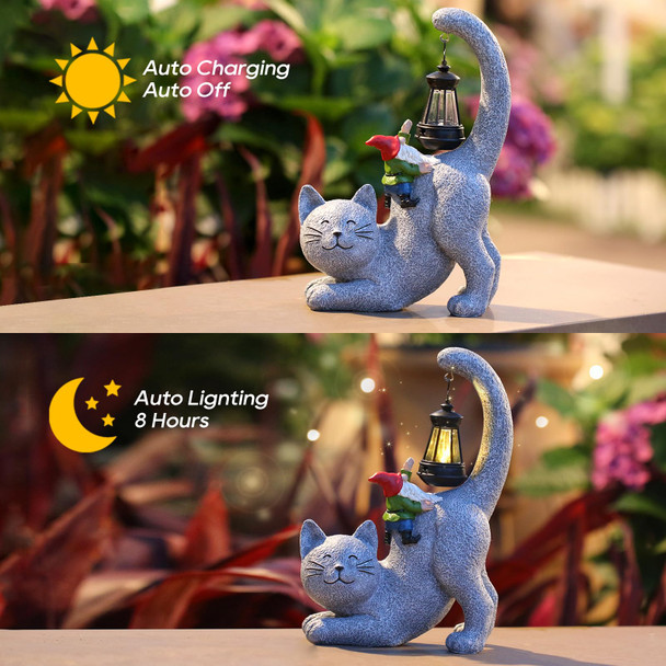 Snowrabbit Snowrabbit Cat Statue Garden Decor With Funny Gnome Figurine & Solar Lantern Motherday S For Mombirthday  For Womencat Statues For Gardenpatioyard Decoration Gray Sr-C-003
