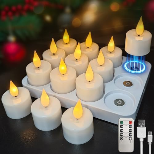Soarling Rechargeable Flameless Candles With Magnetic Charging Station Flickering Led Tealight Candle 12Pcs & 1 Replacement Tea Lights Candle With Remote Control Timer For Christmas Decor Wedding Party