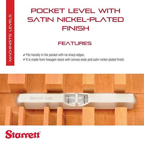 Starrett Pocket Level With Main Vial - Ideal For Machine Shop And Tool Room Use - 2-1/2" Length Satin Nickel-Plated Finish Hexagon Stock With Convex Ends - 135A
