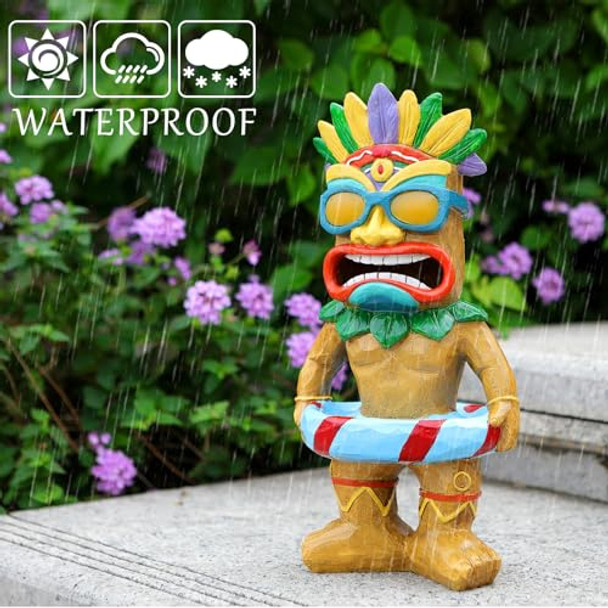 Sudsyard Tiki Statue With Swim Ring - Tiki Bar Decorations Outdoor Decor Garden Statue With Solar Light For Patio Porch Poolside Balcony - Yard Art Lawn Ornaments Figurine Gardening  For Tiki Lover