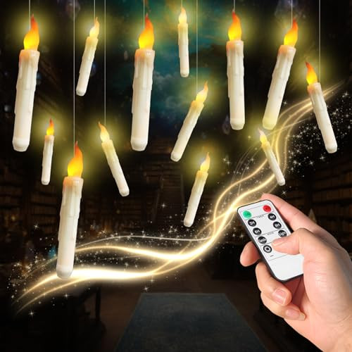 Sweetime Floating Candles With Magic Wand Remote - 12 Pack Black Battery Operated Flickering Hanging Flameless Led Candle Lightsrealistic Taper Candles With String For Halloweenchristmaswindowsceiling