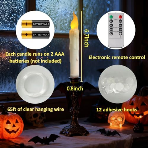 Sweetime Floating Candles With Magic Wand Remote - 12 Pack Black Battery Operated Flickering Hanging Flameless Led Candle Lightsrealistic Taper Candles With String For Halloweenchristmaswindowsceiling