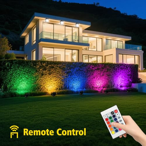 T-Sun Led Flood Light10W Rgb Color Changing Waterproof Security Lights With Us Plug Super Bright Remote Control Outdoor Spotlight For Garden Yard Warehouse Sidewalkbackyard Garage (5 Pack)