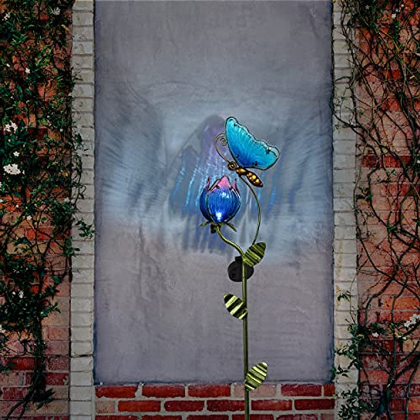 Teresa'S Collections Flower Yard Decorations Outdoor 42'' Blue Glass Butterfly Solar Outdoor Lights Garden Decor For Outside Metal Yard Art Garden Stake Decorative For Patio Decors For Mom