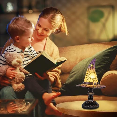 Tfrukiet Vintage Gothic Witch Hat Night Light – Stained Glass Led Lamp Spooky Halloween Decor Indoor & Outdoor Witchcraft  Unique Halloween Party Decorations Lighting Halloween Witch Hat Lamp Purple