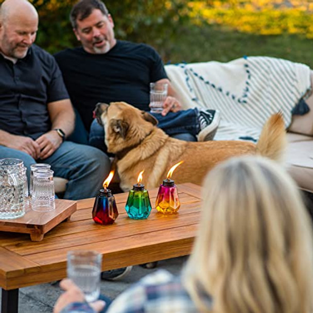 Tiki 3-Pack Royal Ombre Tabletop Torches 5.25" – Purple Yellow & Green Outdoor Torches For Patio & Backyard  Weather-Resistant  Includes Long-Lasting Wick & Snuffer