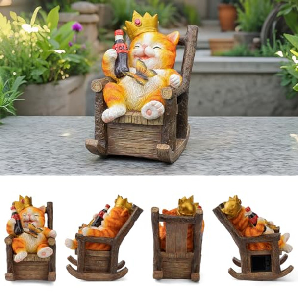 Tolimi Solar Cat Garden Statue – Funny Orange Tabby Cat With Crown & Cola Led Butterfly Light Sitting On Rocking Chair – Outdoor Patio Decor For Yard Porch Lawn Or