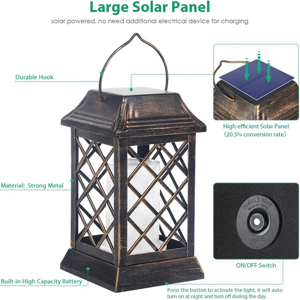Tomcare Solar Lights Outdoor Flickering Flame Metal Solar Lantern Outdoor Hanging Decorative Lanterns Heavy Duty Waterproof Umbrella Decorations Lighting For Patio Garden Deck Yard 2 Pack (Bronze)