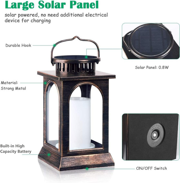 Tomcare Solar Lights Flickering Flame D Metal Solar Lantern Outdoor Hanging Decorative Lanterns Heavy Duty Solar Powered Waterproof Outdoor Lighting For Patio Garden Christmas 2 Pack (Bronze)