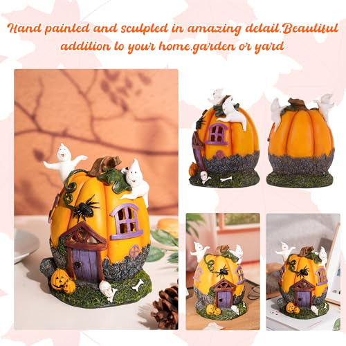 Topadorn Halloween Pumpkin House Figurine With Ghost Halloween Decoration Scary House Ornament Statue With Led Light For Tablegardenyard