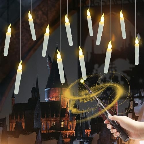 Treewoll 12Pcs Flameless Floating Candles With Wand Remote 6.7" L Battery Operated Flickering Candles With Hanging Wire For Ceiling Dining Table Wedding Magic Themed Parties Halloween Decorations