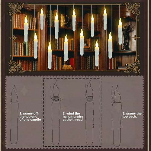 Treewoll 12Pcs Flameless Floating Candles With Wand Remote 6.7" L Battery Operated Flickering Candles With Hanging Wire For Ceiling Dining Table Wedding Magic Themed Parties Halloween Decorations